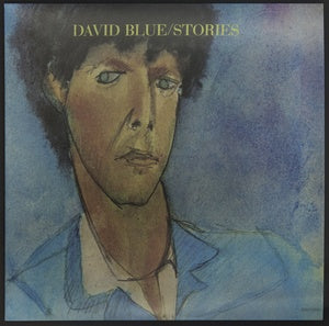 Album cover of "Tandem Coffee Roasters/David Blue-Stories" featuring a watercolor portrait of a man with tousled hair and a pensive expression, set against a blue and gray background depicting "The Blues (All