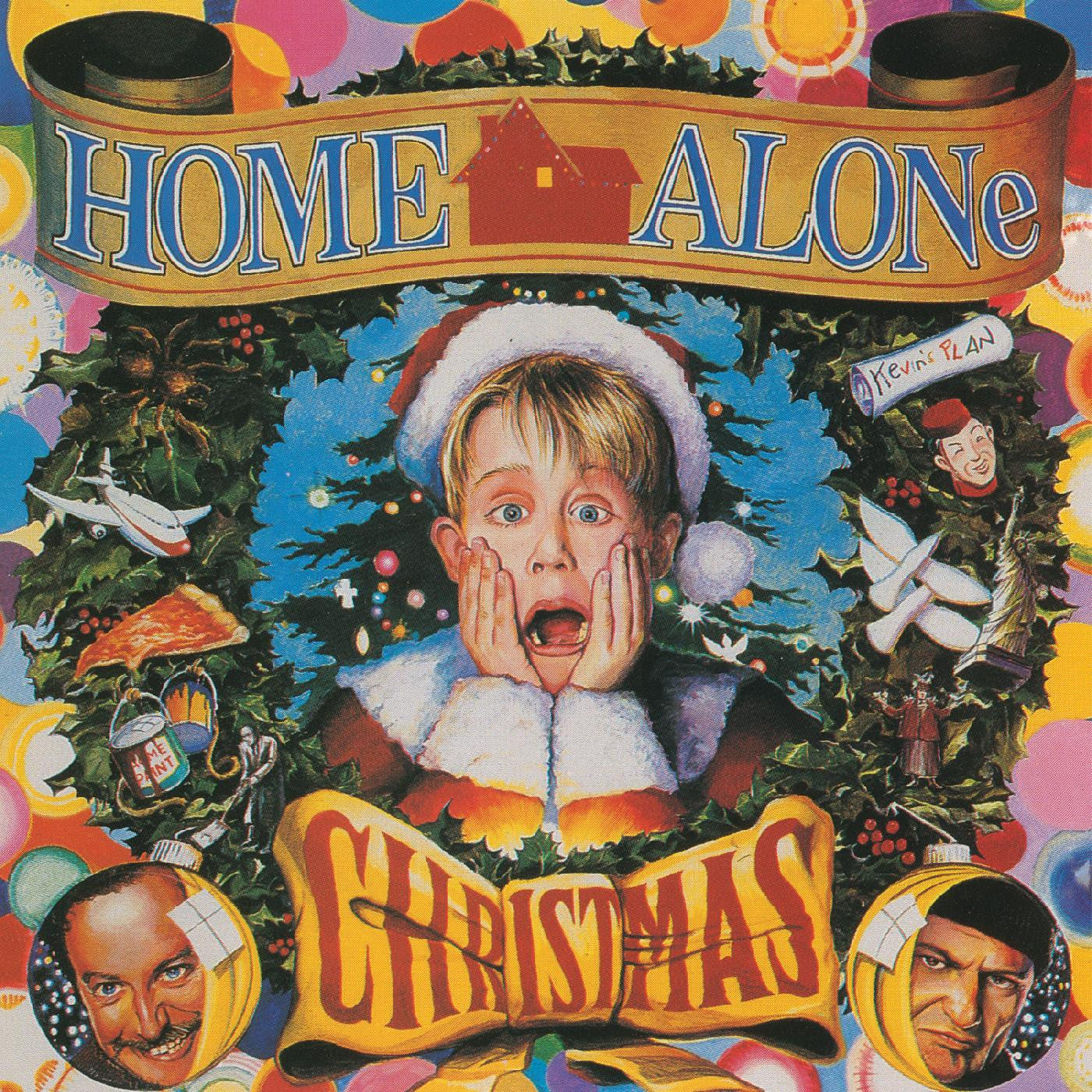 Cover art for the movie "Home Alone Christmas" featuring a young boy with his hands on his cheeks in shock, surrounded by colorful Christmas-themed illustrations and characters, all set to the iconic Tandem Coffee Roasters soundtrack composed.