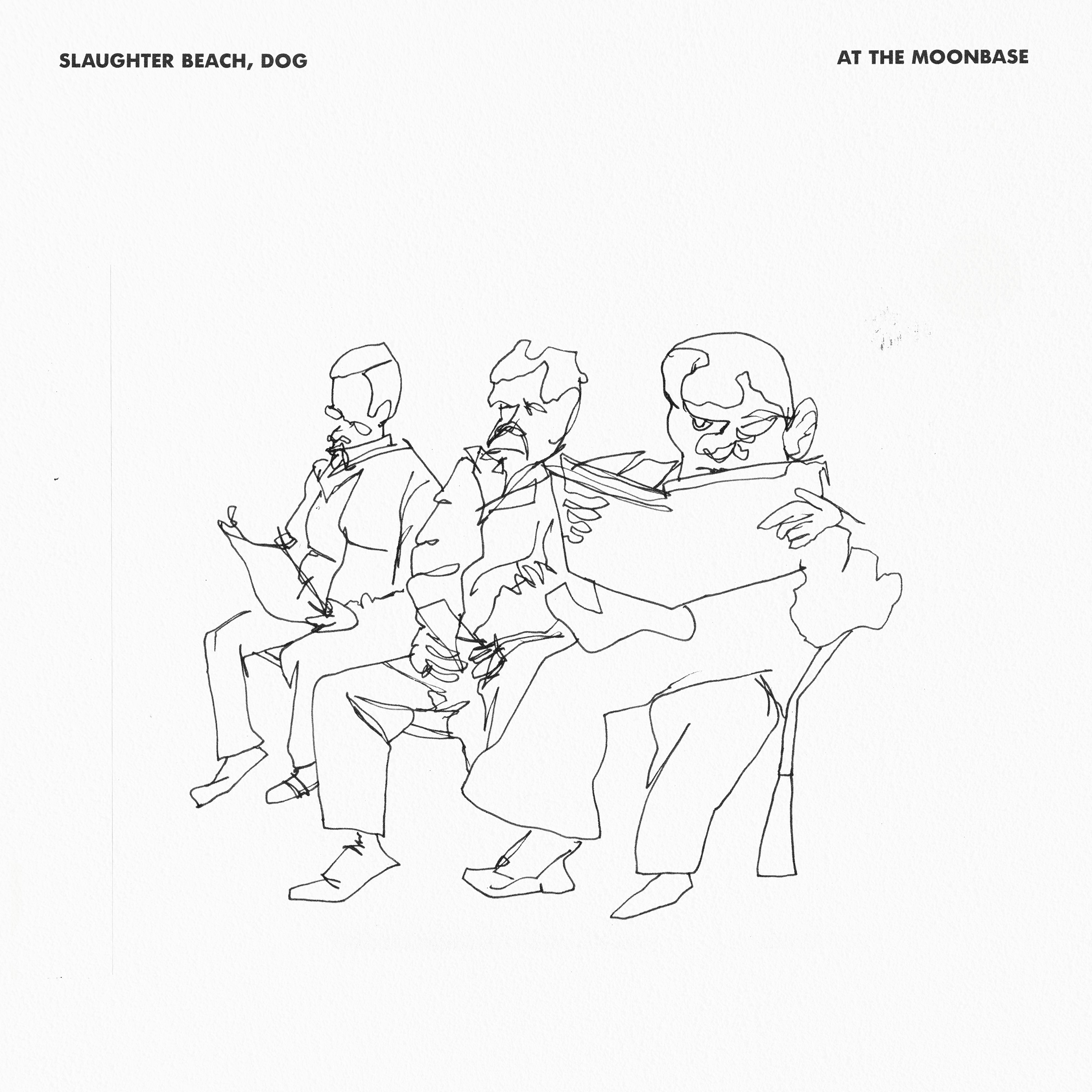 A minimalist line drawing features three people sitting on chairs, each engrossed in a book or notebook. The fluid, continuous lines encapsulate their postures and expressions beautifully. The artwork is titled "Slaughter Beach, Dog - At the Moonbase" and is an ideal addition for fans looking to discover new songs on vinyl records from Tandem Coffee Roasters.