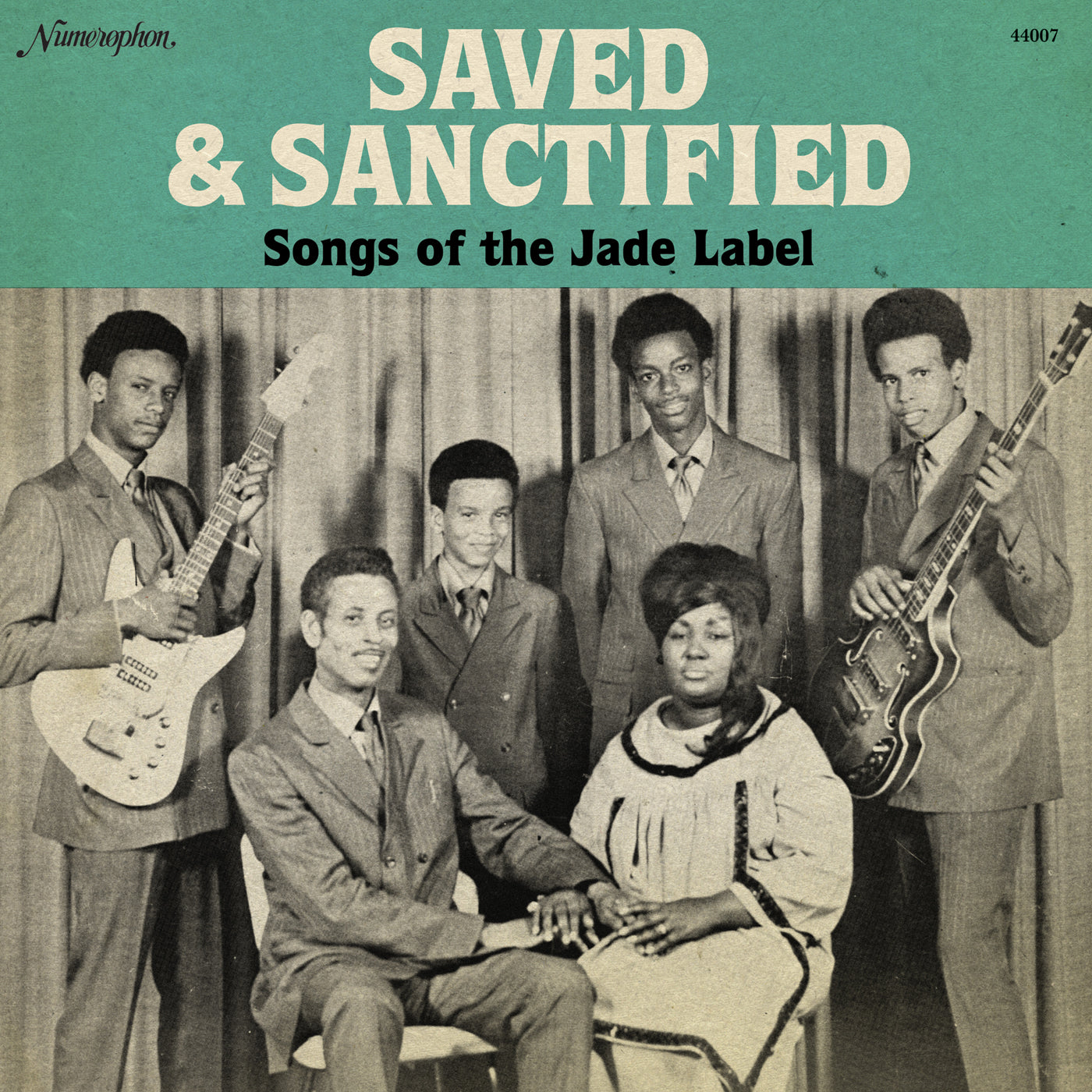 Album cover titled "Saved & Sanctified - Songs of the Jade Label" featuring six musicians with guitars and a tambourine, set in a vintage sepia tone, highlighting inspirational souls.