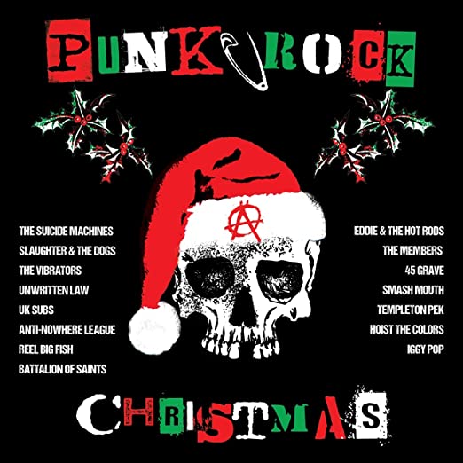 Album cover titled "Punk Rock Christmas vinyl" featuring a skull with a Santa hat, anarchy symbol on the forehead, surrounded by band names and festive decorations by Tandem Coffee Roasters.