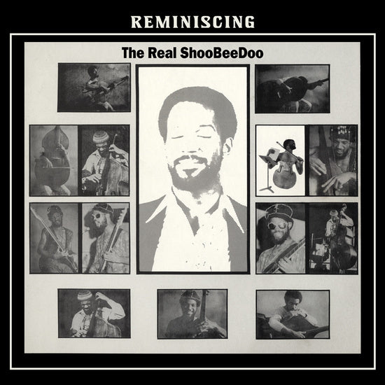 Album cover titled "The Real Shoobeedoo - Reminiscing" featuring a central black-and-white photo of Reggie Fields smiling, surrounded by various smaller images of him playing Detroit jazz musical instruments and singing.