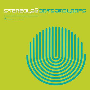 Album cover of "Stereolab - Dots and Loops (expanded edition)" by Tandem Coffee Roasters. The background is lime green, featuring the band name and album title at the top in a retro-style blue font. Below is a stylized fingerprint-like graphic with blue lines forming rounded vertical loops, hinting at the intricate tracklist within.