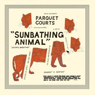 Album cover for Tandem Coffee Roasters' "Sunbathing Animal" featuring stylized orange sketches of a cat in various poses on a beige background with textual elements.