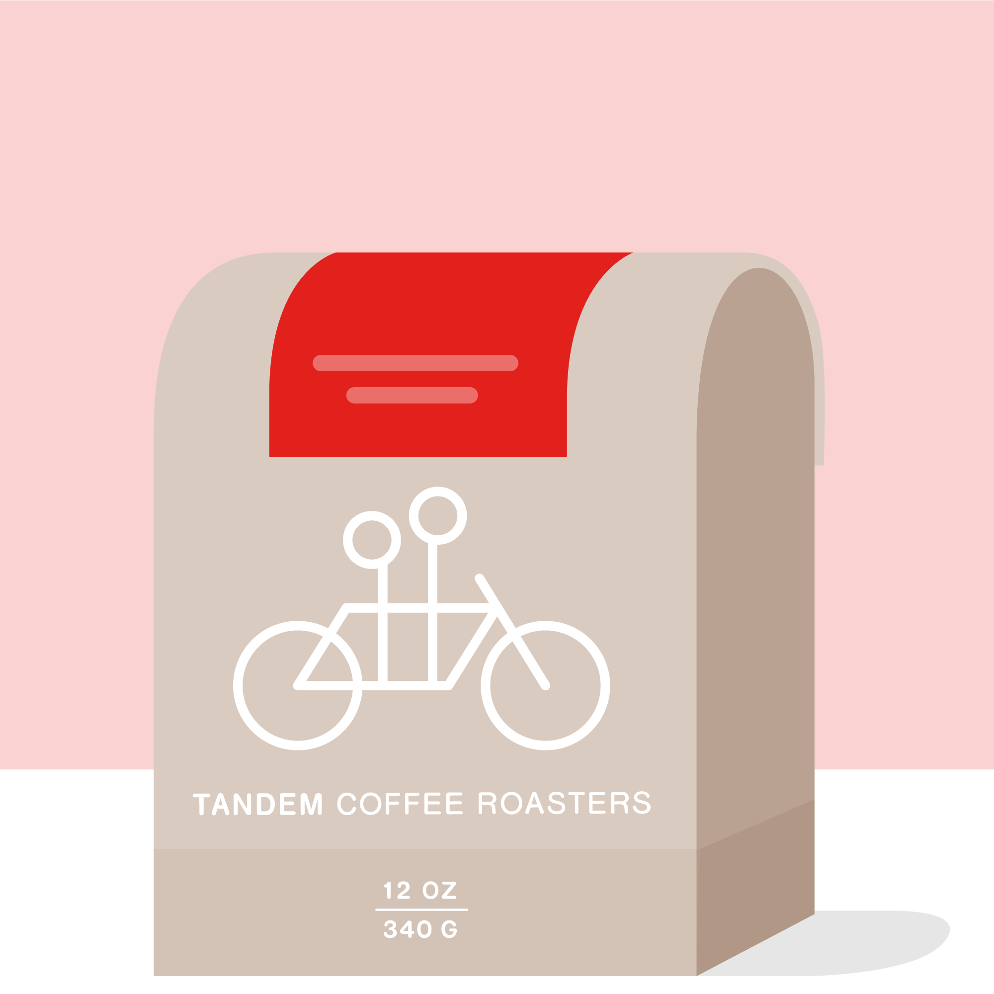 A minimalist design of a gray Time & Temperature coffee bag from Tandem featuring a white tandem bicycle logo, placed against a bold red background. This espresso blend bag indicates a capacity of 12 oz (340g).