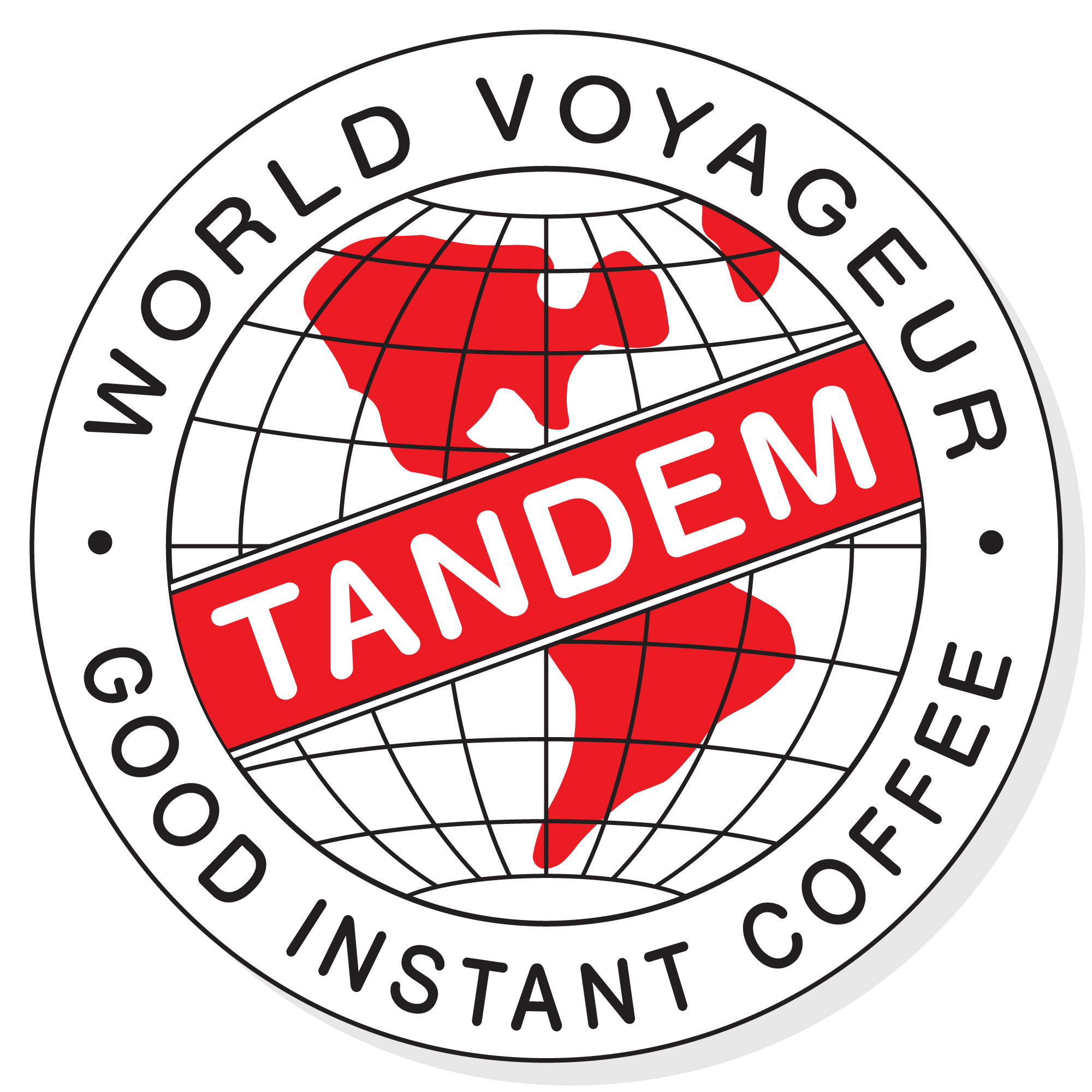 The image features a circular logo for "Tandem Coffee Roasters," showcasing a globe with a red banner across the center displaying the brand name. Text around the globe reads "World Voyageur" at the top and "Superior Instant Coffee" at the bottom—perfect for jet-setting enthusiasts, especially with their Tandem World Voyageur 50 Pack.