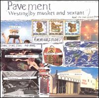 Collage-style album cover for "Pavement - Westing (by Musket and Sextant)" by Tandem Coffee Roasters. Features a blend of drawings, handwritten text, and various images including a live concert shot, illustrations, and a photo of a building. The product description incorporates the tracklist amidst the abstract art and track info.