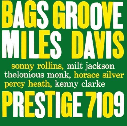 The album cover for "Miles Davis - Bags Groove" by Tandem Coffee Roasters prominently displays the title, followed by a list of stellar contributing artists: Sonny Rollins, Milt Jackson, Thelonious Monk, Horace Silver, Percy Heath, and Kenny Clarke. At the bottom, it reads "Prestige 7109".