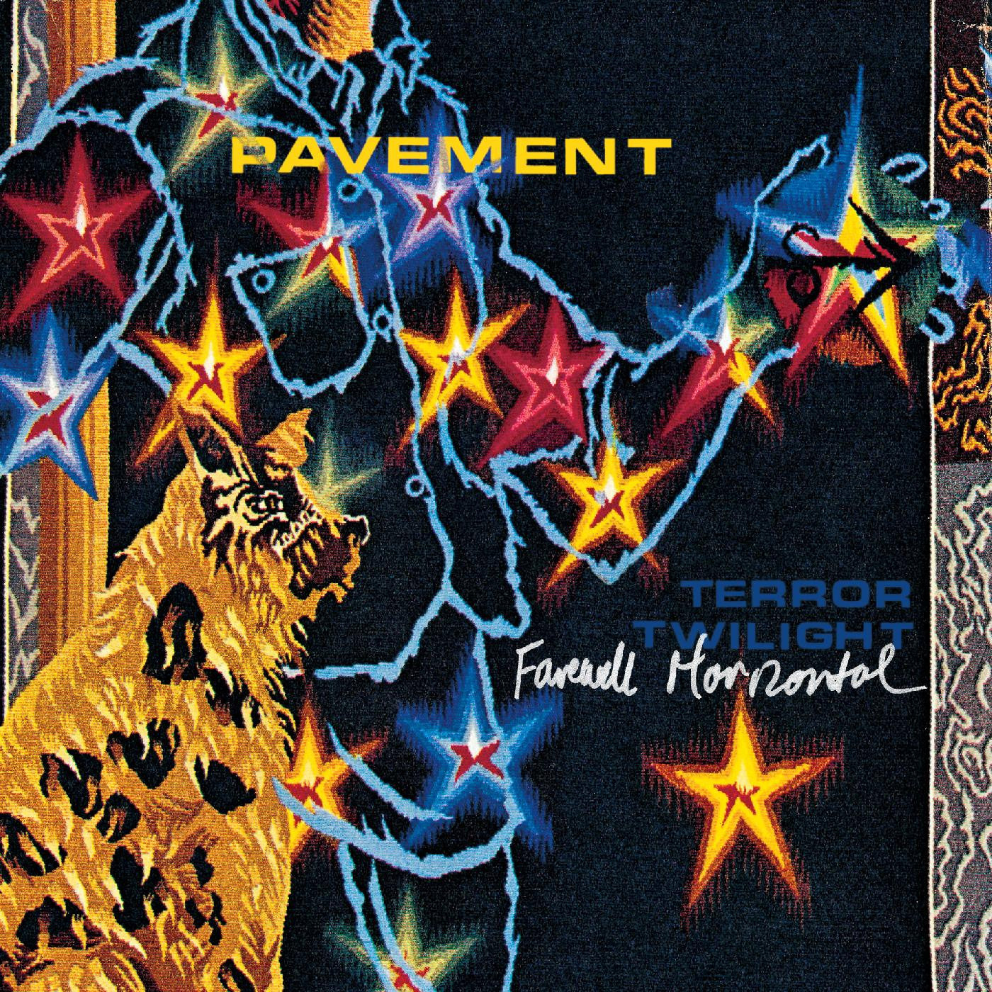 The cover art for Tandem Coffee Roasters' reissue of the album "Pavement - Terror Twilight/Farewell Horizontal" features an illustration of a wolf amidst colorful shooting stars and lightning, overlaid with the band's.