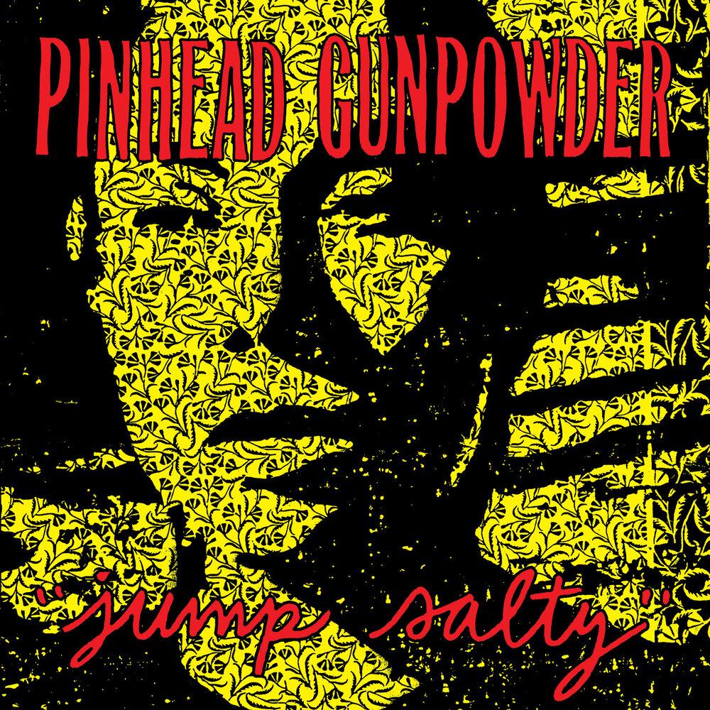 The image features a bold album cover for "Jump Salty" by Pinhead Gunpowder with the title "Future Daydream." The background is pink with a yellow floral pattern overlaying two abstract silhouettes.